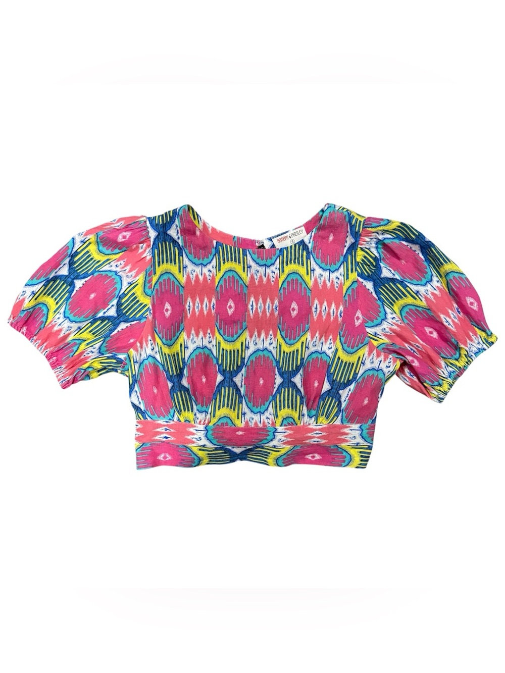 Bombay Paisley Crop Top Womens S Pink Blue Ikat Puff Sleeve Boho Tie Back